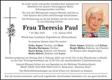 Traueranzeige Theresia Paul