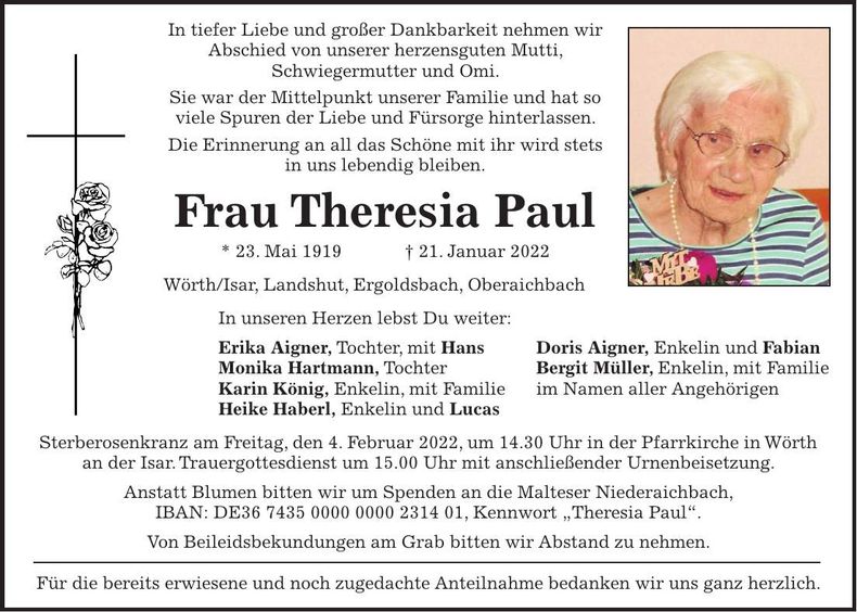 Traueranzeige Theresia Paul