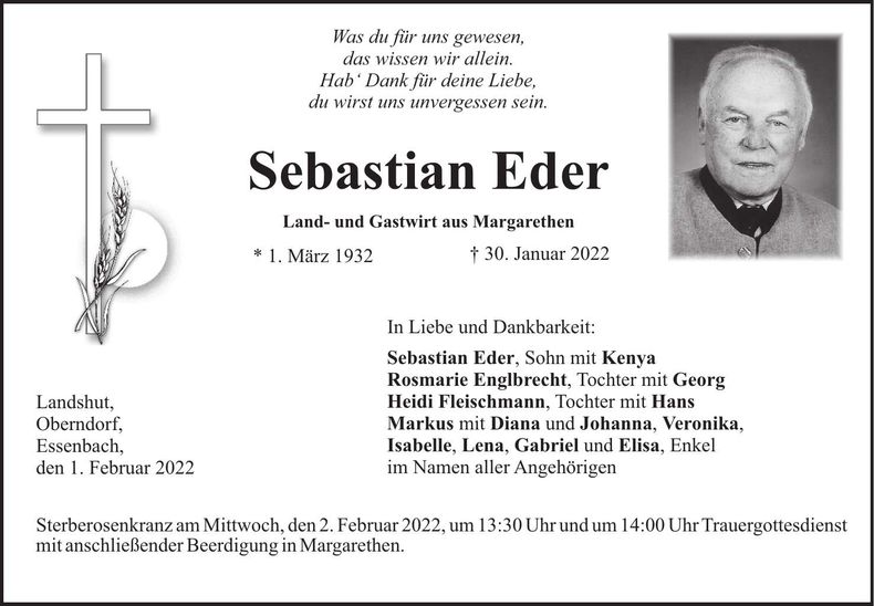 Traueranzeige Sebastian Eder