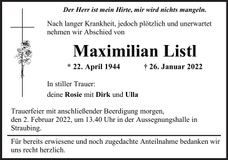 Traueranzeige Maximilian Listl