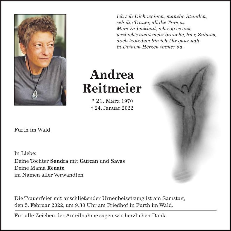 Traueranzeige Andrea Reitmeier