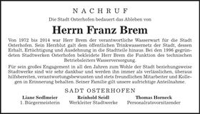 Traueranzeige Franz Brem
