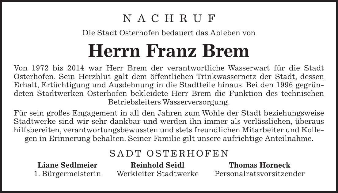 Traueranzeige Franz Brem