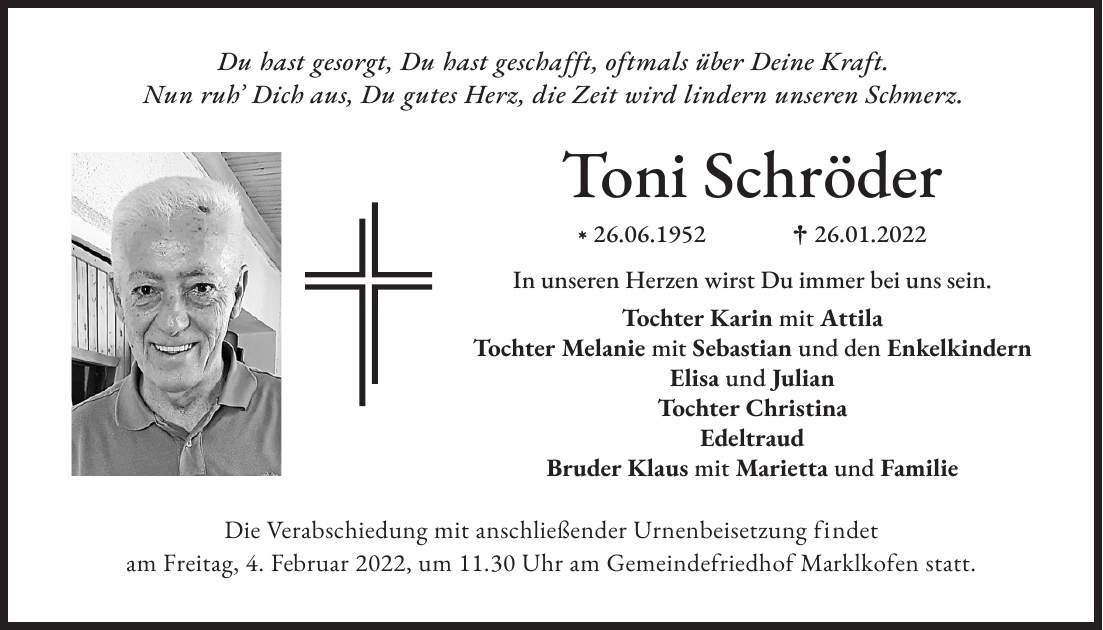Traueranzeige Toni Schröder