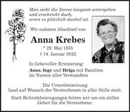 Traueranzeige Anna Krebes