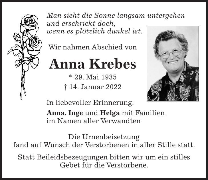 Traueranzeige Anna Krebes