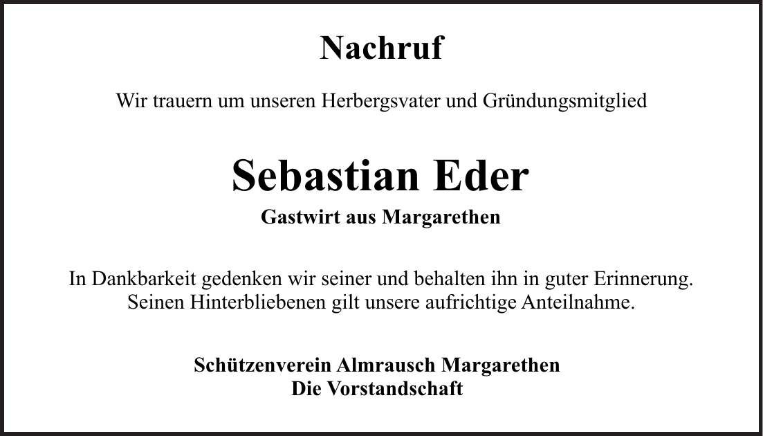 Traueranzeige Sebastian Eder