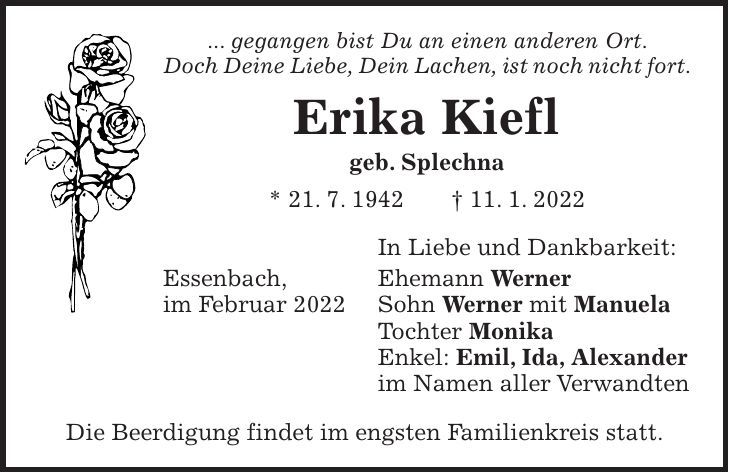 Traueranzeige Erika Kiefel