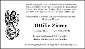 Traueranzeige Ottilie Zierer