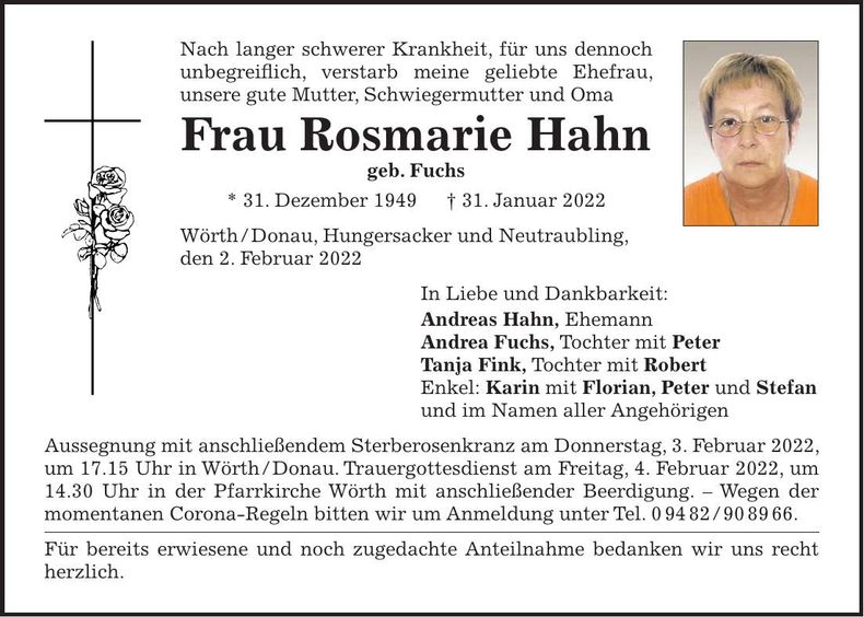 Traueranzeige Rosmarie Hahn