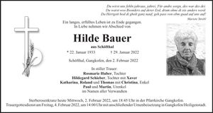 Traueranzeige Hilde Bauer