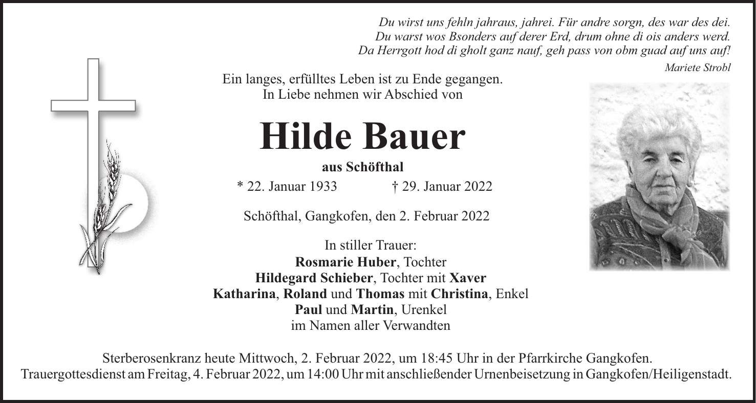 Traueranzeige Hilde Bauer