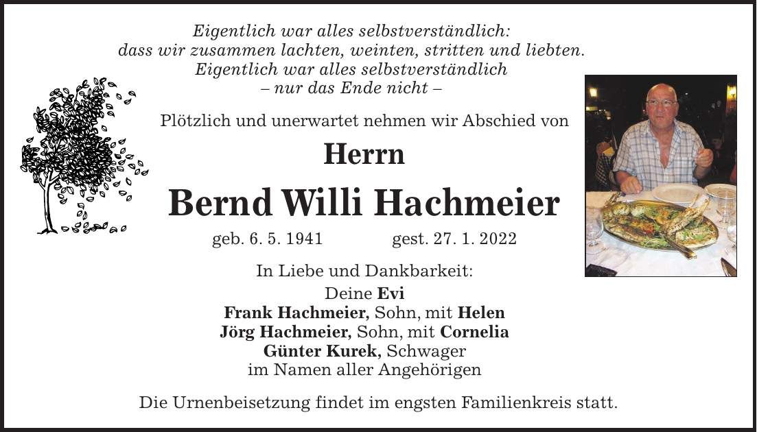 Traueranzeige Bernd Willi Hachmeier