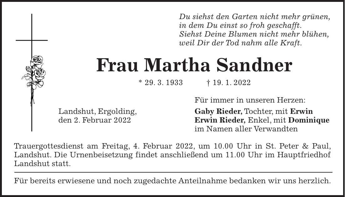 Traueranzeige Martha Sandner