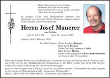 Traueranzeige Josef Mauerer