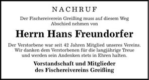 Traueranzeige Hans Freundorfer