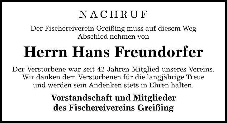 Traueranzeige Hans Freundorfer
