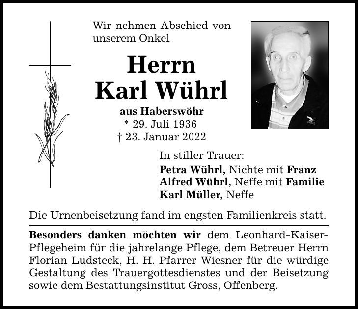 Traueranzeige Karl Wührl