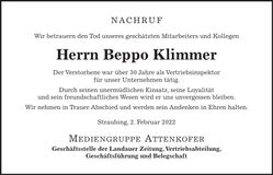 Traueranzeige Beppo Klimmer