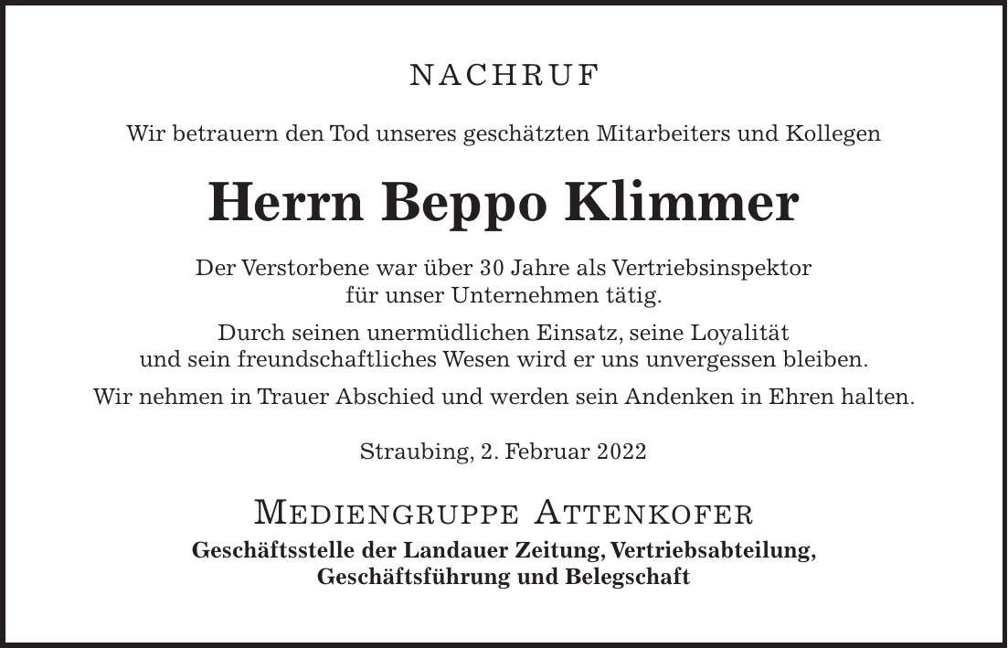 Traueranzeige Beppo Klimmer