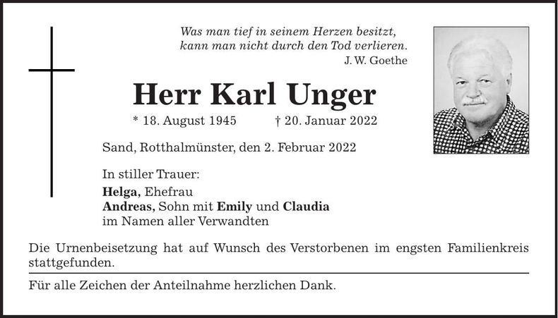 Traueranzeige Karl Unger