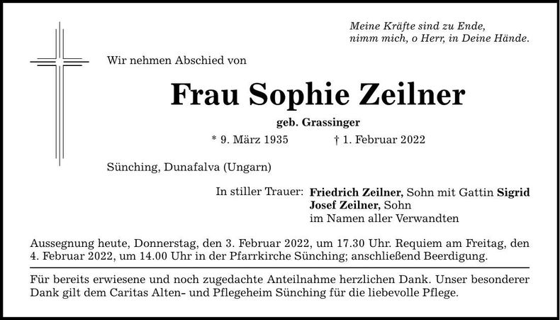 Traueranzeige Sophie Zeilner