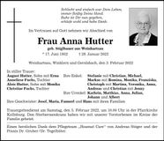 Traueranzeige Anna Hutter