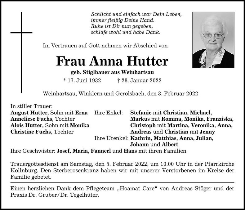 Traueranzeige Anna Hutter