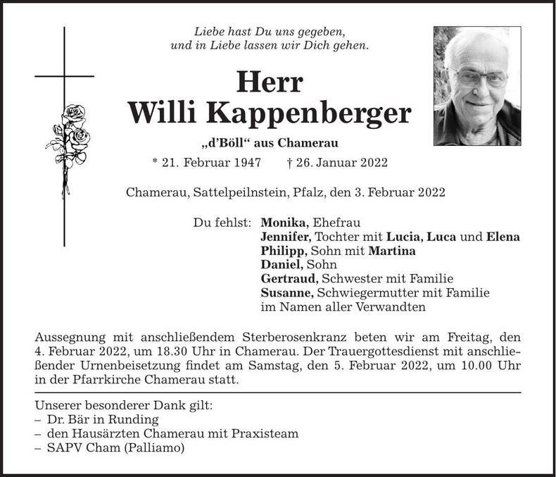 Traueranzeige Willi Kappenberger