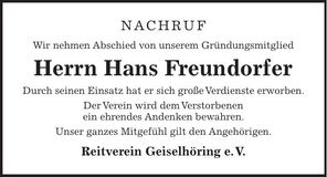 Traueranzeige Hans Freundorfer