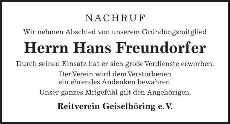 Traueranzeige Hans Freundorfer
