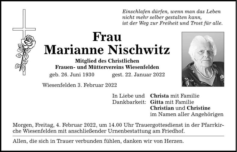 Traueranzeige Marianne Nischwitz