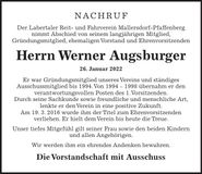 Traueranzeige Werner Augsburger