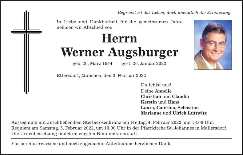 Traueranzeige Werner Augsburger