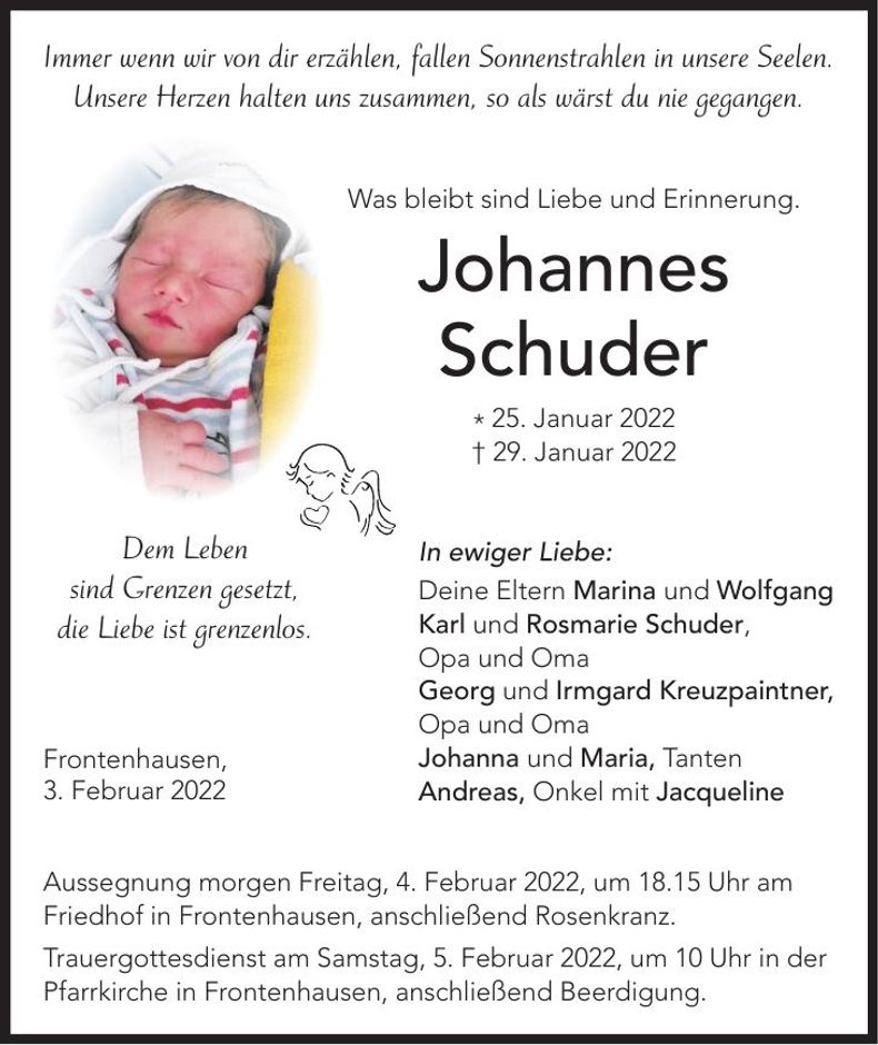 Traueranzeige Johannes Schuder