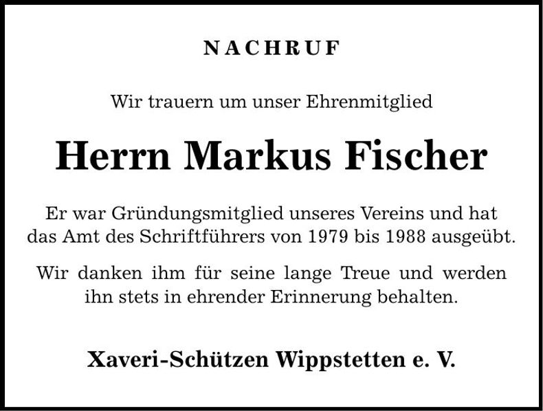 Traueranzeige Markus Fischer