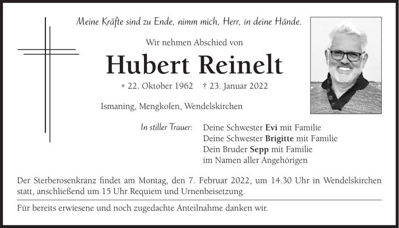 Traueranzeige Hubert Reinelt