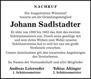 Traueranzeige Johann Sadlstadter