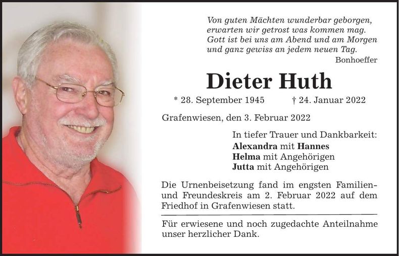 Traueranzeige Dieter Huth