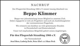 Traueranzeige Beppo Klimmer