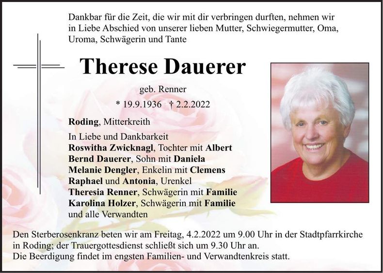 Traueranzeige Therese Dauerer