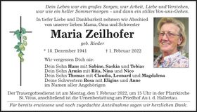 Traueranzeige Maria Zeilhofer