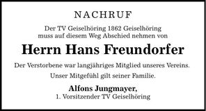 Traueranzeige Hans Freundorfer