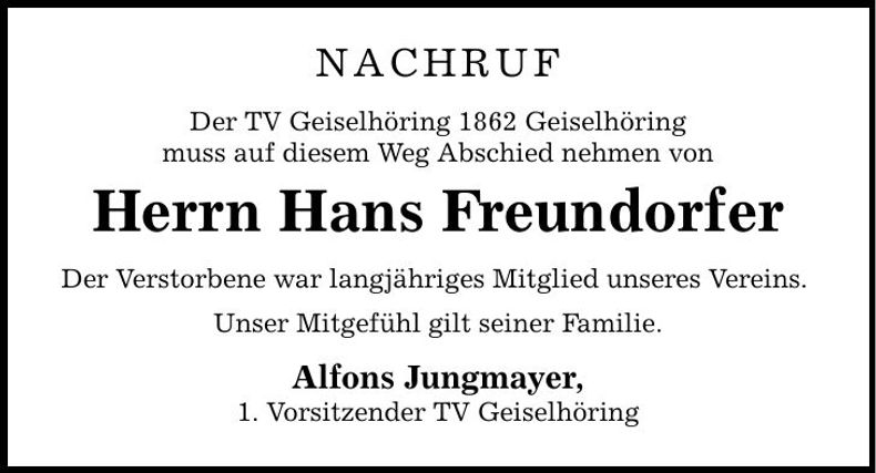 Traueranzeige Hans Freundorfer