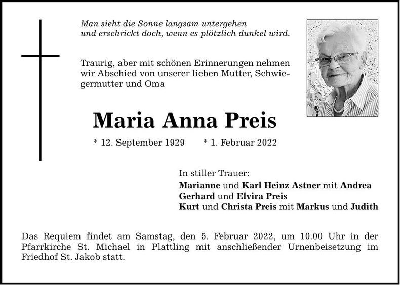Traueranzeige Maria Anna Preis