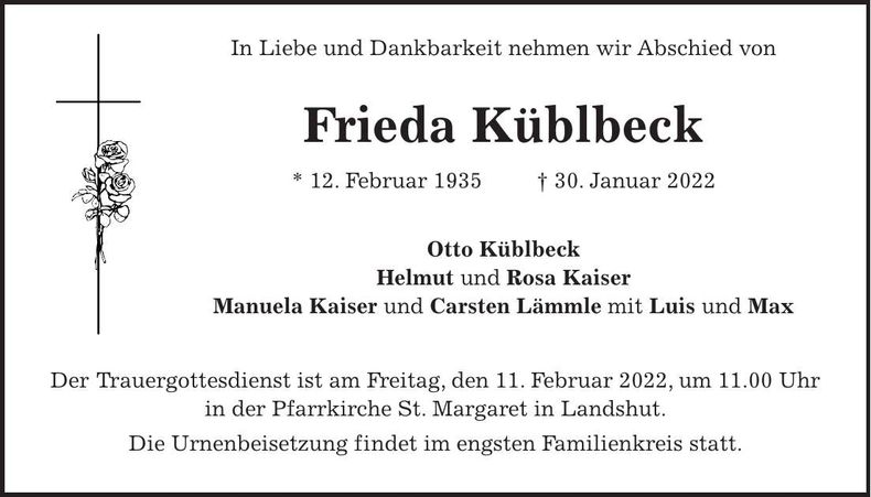 Traueranzeige Frieda Küblbeck