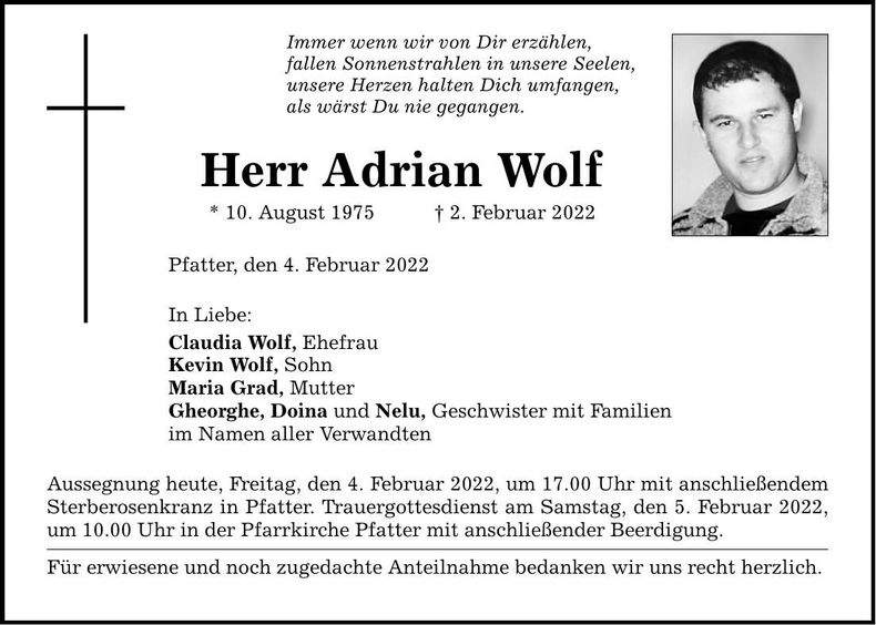 Traueranzeige Adrian Wolf