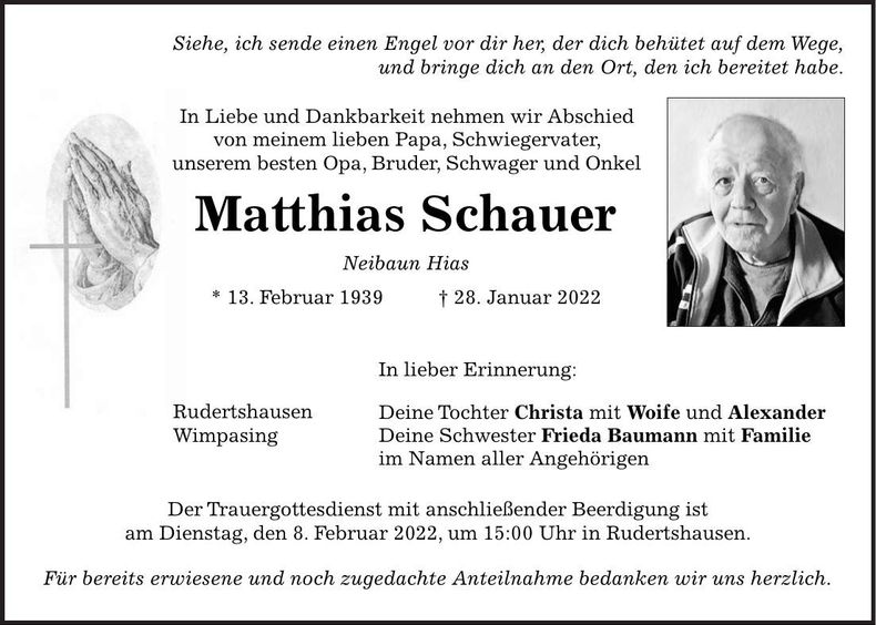 Traueranzeige Matthias Schauer