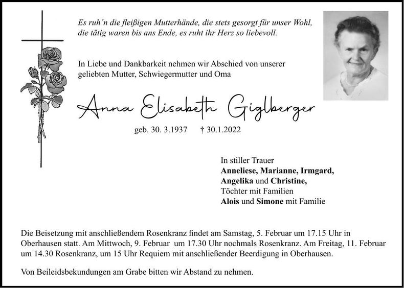 Traueranzeige Anneliese Giglberger