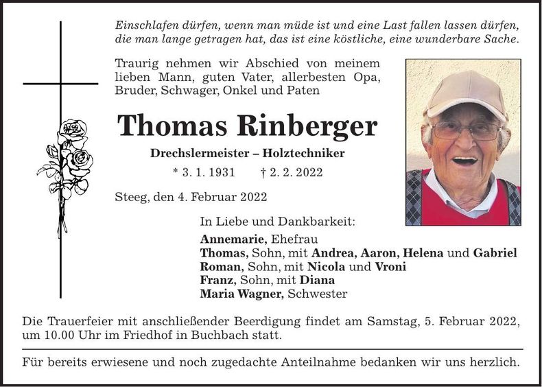 Traueranzeige Thomas Rinberger